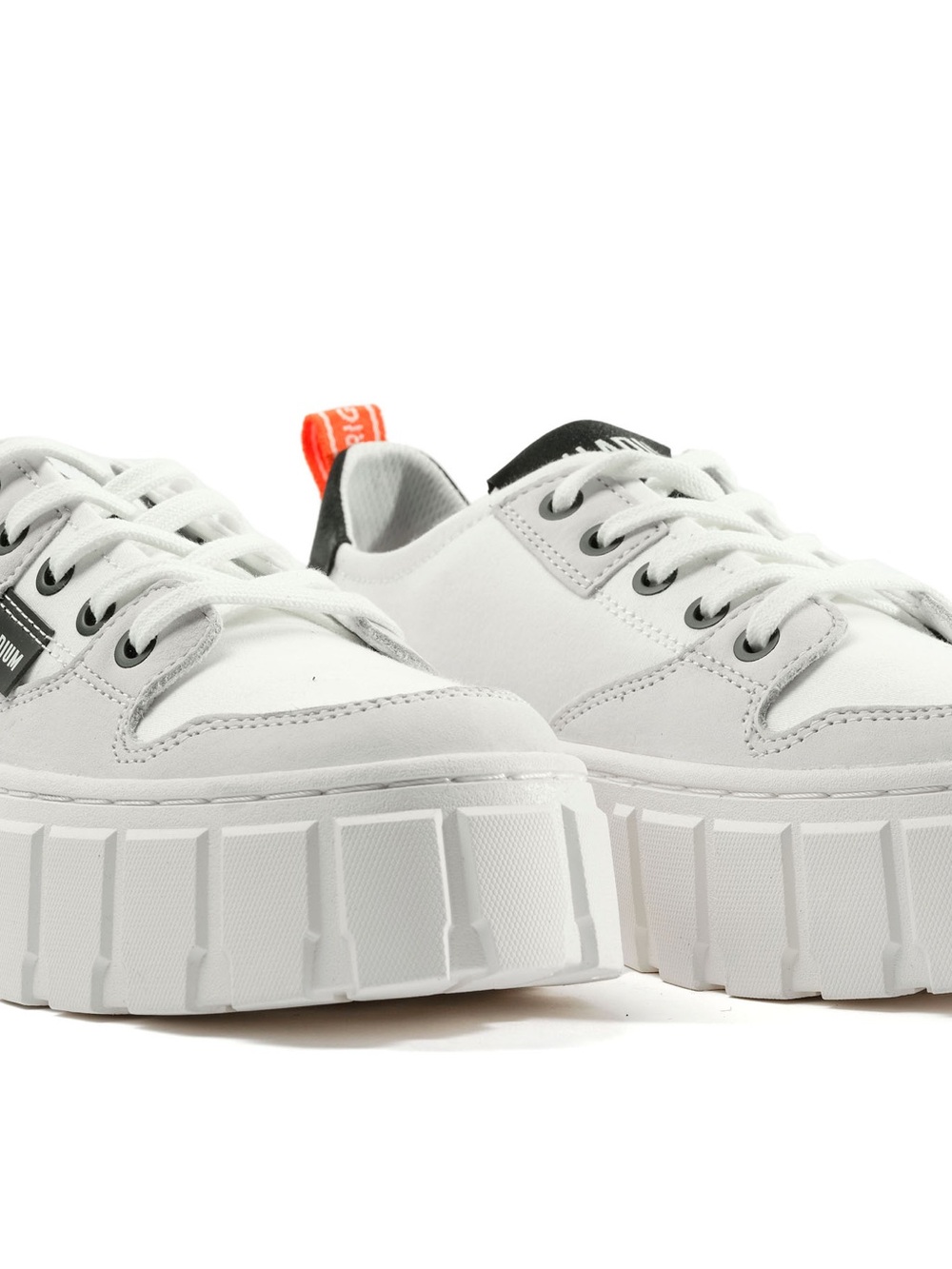 Palladium White Lace-Up Platform Trainer with Black and Orange Accents - Picture 2 of 3